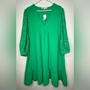 Emma & Michele - Women's 3/4 Eyelet Sleeve V-Neck Dress